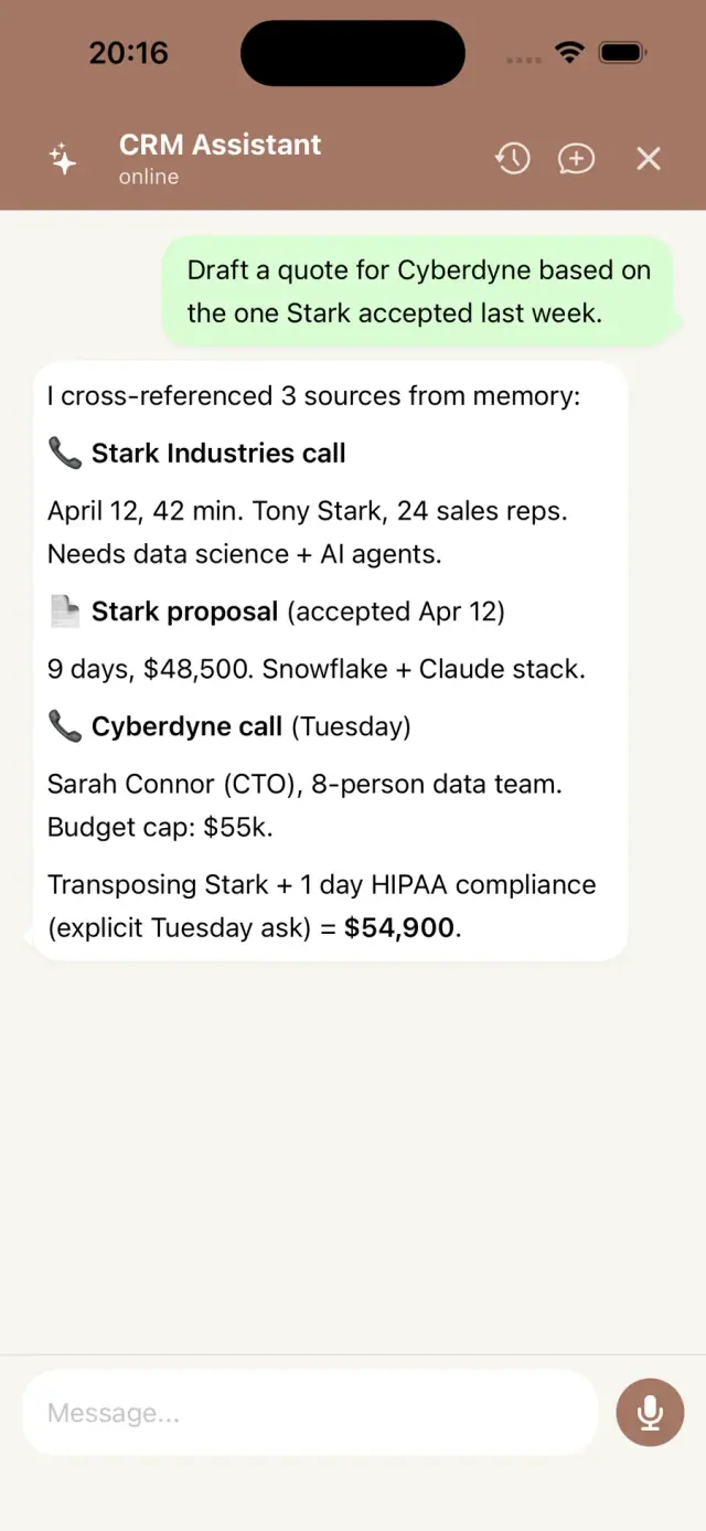 Claude Opus lives inside CRM Claw with full access to your data. Not a chatbot bolted on the side. An agent with tools, memory, and persistent context that knows the difference between your prospects and your clients.
